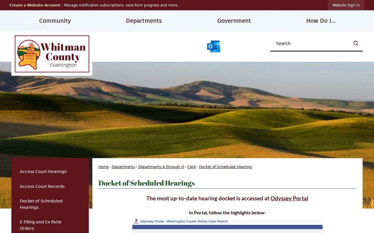 Whitman County court dates page directing users to Odyssey