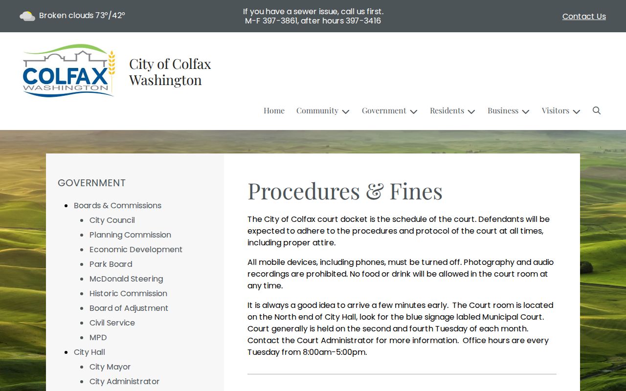 Colfax Municipal Court procedures page describing court days and infraction steps