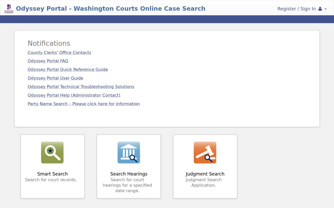 Odyssey Portal landing page for Whitman County Superior Court docket searches