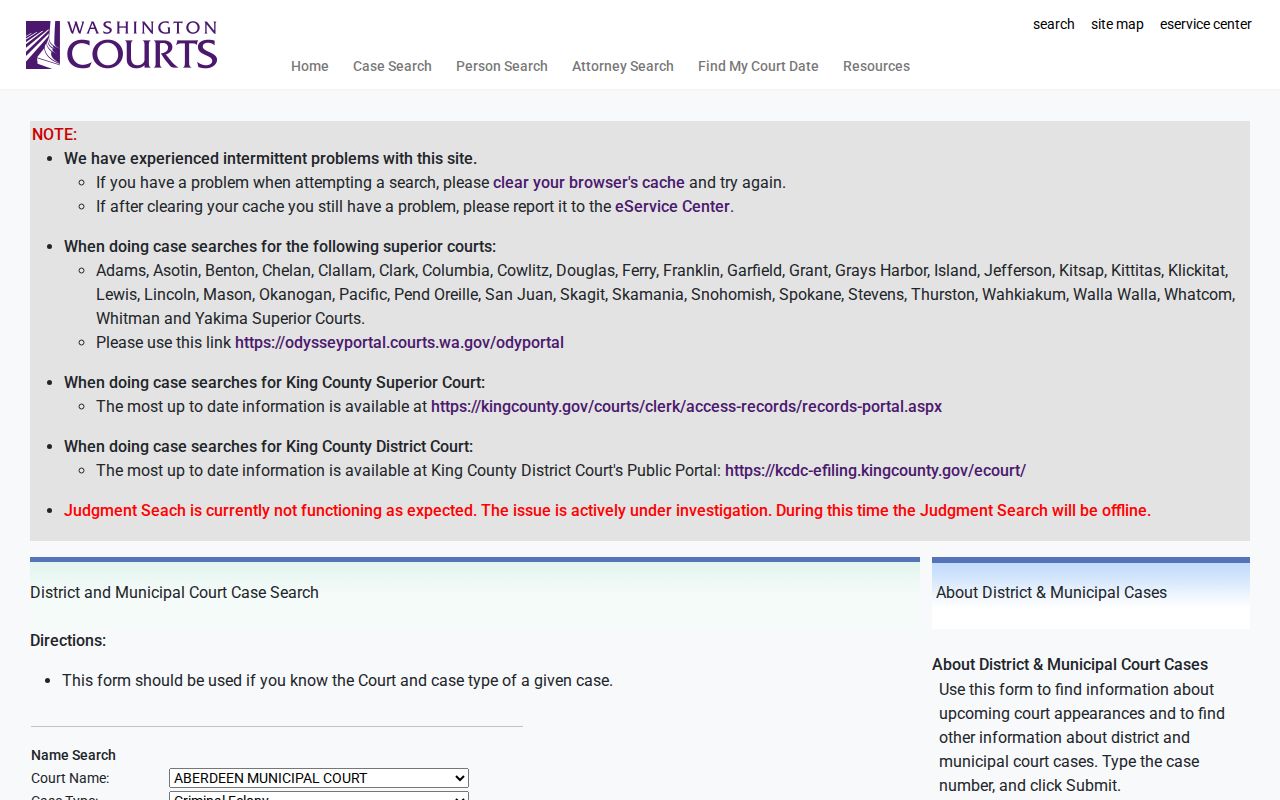 Washington District and Municipal Court Case Search used for Whitman County lower-court dockets